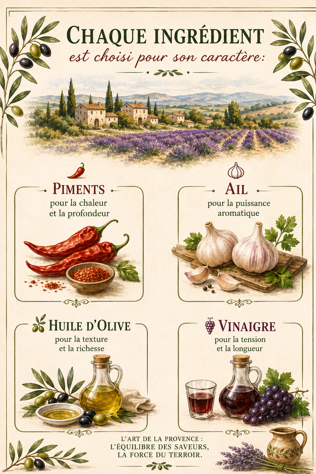Illustration des ingrédients de la purée de piment artisanale Lou PICANT avec piments, ail, huile d’olive et vinaigre