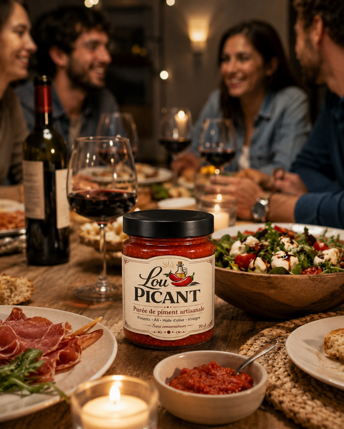 Purée de piment artisanale Lou PICANT servie sur une table conviviale entre amis avec salade, vin, pain et charcuterie