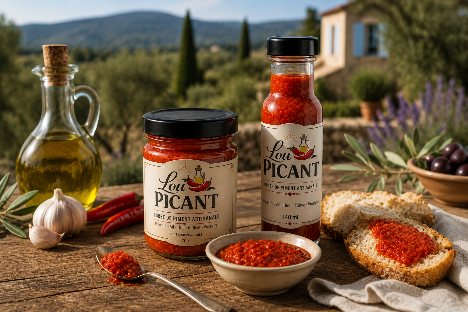 Purée de piment artisanale Lou PICANT en pot et bouteille sur une table provençale avec huile olive, ail, piments et pain